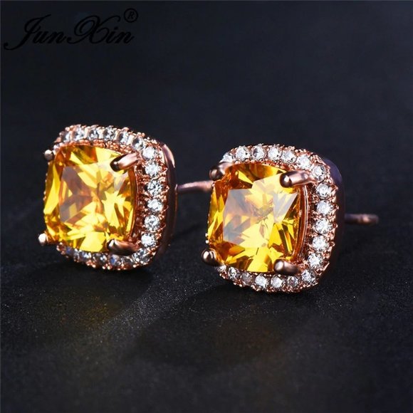 *NEW 18K Rose Gold Citrine Diamond Halo Earrings - Picture 4 of 6